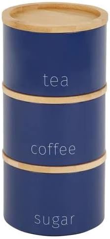 Tok Mark Traders Set of 3 Navy Metal Stacking Canisters Tea Sugar Coffee Stackable Canister Mugs Easy Storage for Office and Home, Gift Ideal for storing all your tea, coffee and sugar