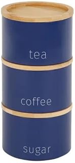 Tok Mark Traders Set of 3 Navy Metal Stacking Canisters Tea Sugar Coffee Stackable Canister Mugs Easy Storage for Office and Home, Gift Ideal for storing all your tea, coffee and sugar