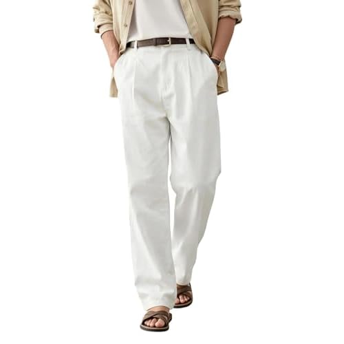 Heyfanee Linen Pants Men Casual Loose Fit Summer Beach Pants Elastic Waist White 34W x 30L