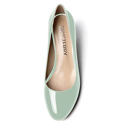 SKYSTERRY Women's Patent Kitten Round Toe Slip On Office Spool Low Heel Pumps Office Work Dress Shoes 2 Inch3