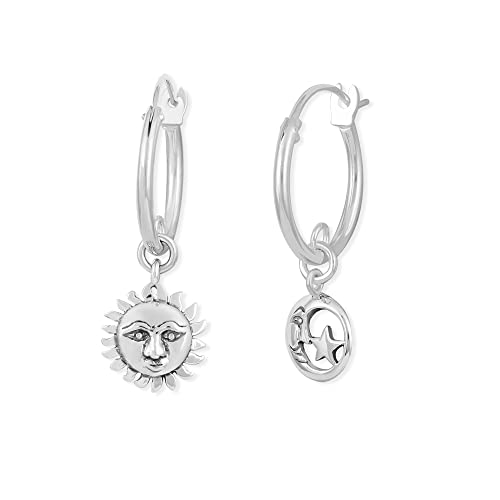 Boma Jewelry Sterling Silver Moon & Star Mismatched Snap Down Closure Tube Hoop Earrings