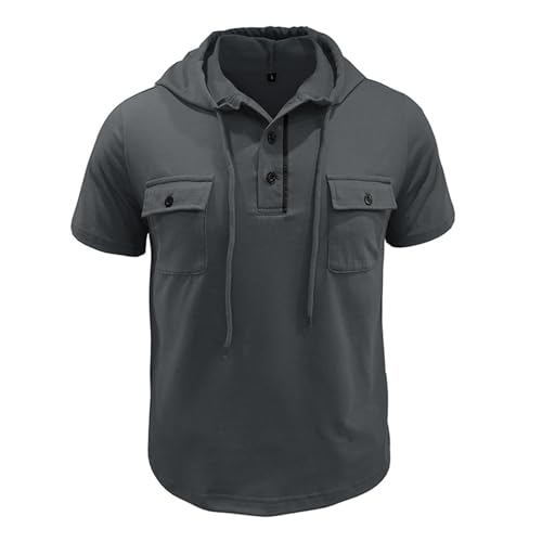 Mens Short Sleeve Hooded T Shirts Casual Drawstring Pullover Hoodies Fashion Lightweight Button Shirts with Pockets2