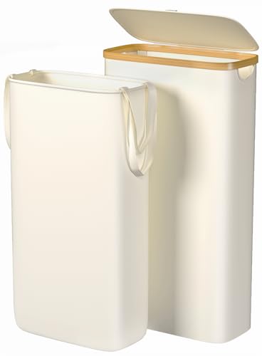 Kuject Laundry Basket with Lid Waterproof Large Laundry Hamper and Removable Bag Collapsible Tall Clothes Hamper with Bamboo Handles for Clothes Toys in Dorm Bedroom Bathroom Black (White 60L)