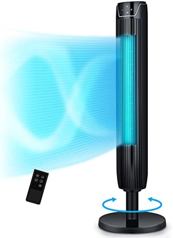 KopBeau Tower Fan for Bedroom, 42 Inch Oscillating Cooling Fans with Remote, Quiet Bladeless Floor Powerful Fan, 3 Modes, Buit-in 7Hrs Timer and LED Display, Standing Fans for Home Office, Black