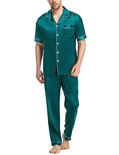 Image of SWOMOG Mens Satin Pajama Set Short Sleeve Classic Sleepwear Button Down Silky Loungewear with Long Pants Green X-Large