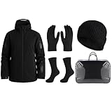 Cutecrop 5 Pcs Winter Warm Clothing Set Included XXL Heated Jacket for Men with 3 Heat Levels, Plush Knit Beanie Hat, Thickened Gloves, Warm Socks and Carrying Bag for Cold Weather Outdoor Hiking