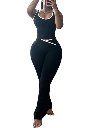 HBQ 2 Piece Sets For Women Summer Contrast Binding Backless Crop Tank Top and Flare Pants Lounge Sets Tracksuit-M-Black
