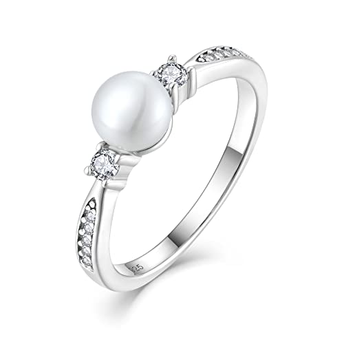 925 Sterling Silver Pearl Ring, White Freshwater Cultured Pearl Statement Promise Rings for Women Wife