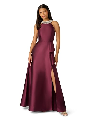Adrianna Papell Women's Floor Length Mikado Gown with Halter Pearl Neckline, Deep Wine, 18