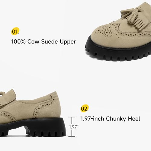 Image of BEAU TODAY Chunky Loafers for Women, Women's Leather Platform Loafers, Lug Sole Tassel Slip On Loafers Shoes Brogues Wingtip Casual Business Shoes Comfortable Dressy