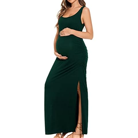 Smallshow Women's Split Long Maternity Dress Sleeveness Ruched Pregnancy Clothes Cover