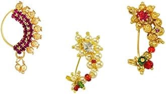 KYOOT JEWELS Medium Size Traditional Maharashtrian Banu Nath Nose ring without piercing Pearl Gold Plated Nath Combo Clip On Nose Ring For Women