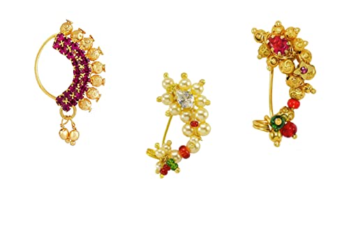 KYOOT JEWELS Medium Size Traditional Maharashtrian Banu Nath Nose ring without piercing Pearl Gold Plated Nath Combo Clip On Nose Ring For Women
