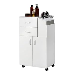 SSLine Modern Salon Storage Cart with Wheels White Rolling Salon Sation for Hair Stylist Wood Barber Shop Beauty Spa Locking Tool Cart Styling Cabinet with 2 Drawers,Cupboard and 5 Tool Insert Holes