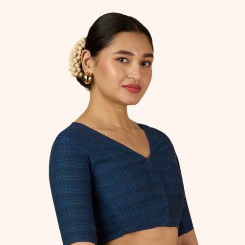 Image of Studio Shringaar Women Cotton Half Sleeve Madras Checks Saree Blouse with Stretchable Sides