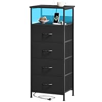 Somdot Tall Chest of Drawers with Charging Station and LED Light, 4 Drawers Storage Unit for Bedroom with 2 Outlets and 2 USB Ports, Beside Table for Kids Dorm Living Room Closet, Black