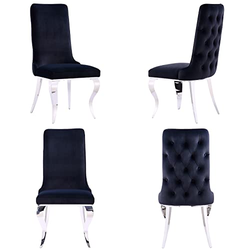 Azhome Dining Chairs, Black Velvet Upholstered Dining Room Chairs In Buttons Tufted Backrest, High Back Heavy Duty Dining Chair With Silver Mirrored Stainless Steel Legs, Set Of 4 #TOP11