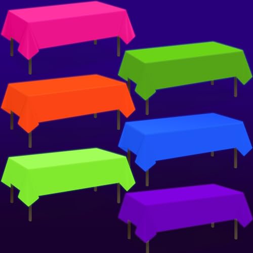 6 Pack Neon Table Cloths Party Decorations Pink Orange Yellow Green Blue Purple Glow in The Dark Plastic Tablecloth Disposable Rainbow Table Cover for Glow in Dark Neon Party Supplies Decorations