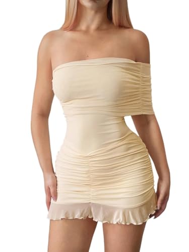 Women's Fashion Mini Dress Ruffle Hem Round Neck Off Shoulder Dress