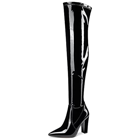 NobleOnly Damen Over-Knee Stiefel Reißverschluss Blockabsatz 10CM High Heels Boots Schwarz Lackleder Schuhe EU 41 Cover