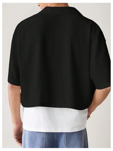 SHENHE Men's Summer Short Sleeve Button Down Crop Shirt Loose Fit Casual Shirt with Pockets2