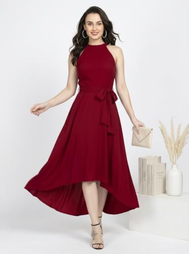 Image of Women Fit & Flare High Low Midi Dress | Sleeveless Round Neck One Piece Dress with Waist Tie Detail | Flowy Western Dress for Party and Casual Styling