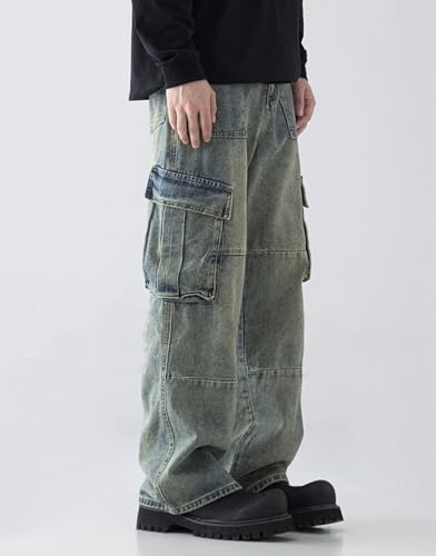 Men's Retro Denim Pants Mid-Rise Loose Wide-Leg Casual Straight Plus Size Stitching Trousers with Pockets2
