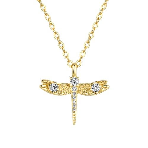BCughia Collar con colgante de libélula, colgante de oro amarillo de 9/14/18 quilates con collares redondos de moissanita para mujer, Oro amarillo de 9 quilates, Moissanita