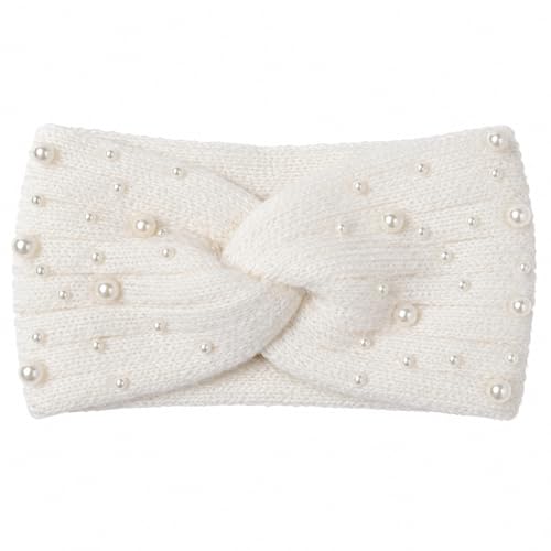 LUOZZY Winter Pearl Knit Headband Ear Warmer Soft Elastic White