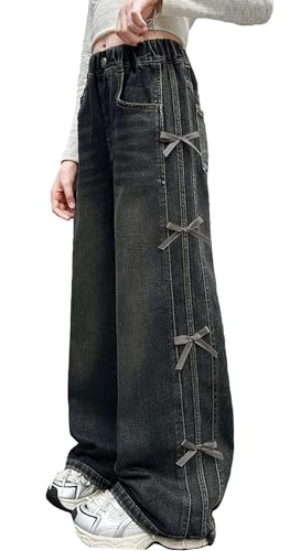 Happy Cherry Baggy Jeans Mädchen Streetwear Hip Hop Jeanshose mit Gummizug Weites Bein High Waist Freizeithose Y2K Mode Hosen für Teenager 164
