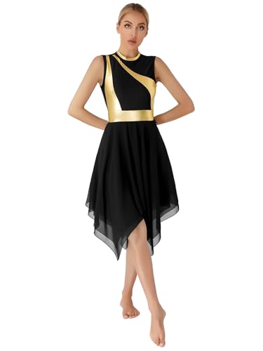 Yihuimin Damen Patchwokr Tanzkleid Metallic Kirche Tanzkostüm Glänzende Lyrischen Kleid Ärmellose Tanzwettbewerb Kleid Schwarz M