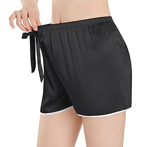 Wantschun 2 Pack Women Pajama Shorts Satin Silk Sleepwear Soft Ruffle + Bowknot Lounge Short Pants Sleep Pj Bottoms Style A+B - 2 Pack: Black ; Medium #TOP2