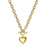 Collar de cadena para mujer, chapado en oro blanco de 18 quilates, collar de eslabones cubanos gruesos con corazón y luna, joyería hipoalergénica para mujer, 47cm/18.5in, Acero inoxidable, Chapado en