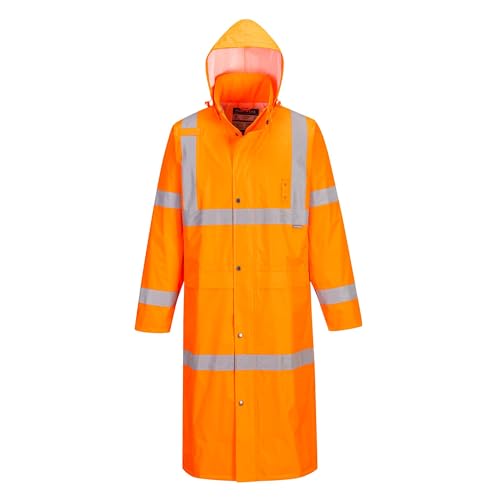 Portwest H445 Men's Waterproof Hi Vis Raincoat - Reflective Lightweight Long Rain Jacket with Hood Safety Workwear ANSI Class 3 Orange, X-Large