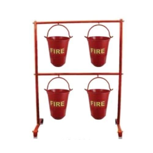 Fire Safety Equipment Stand with Buckets, Red Metal, 4 Fire Buckets, Emergency Response Station