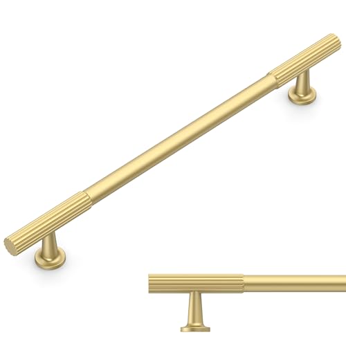 Amerdeco 10 Pack Brushed Gold Cabinet Handles 6.3 Inch (160mm) Hole Centres Solid Zinc Alloy Kitchen Hardware AM020