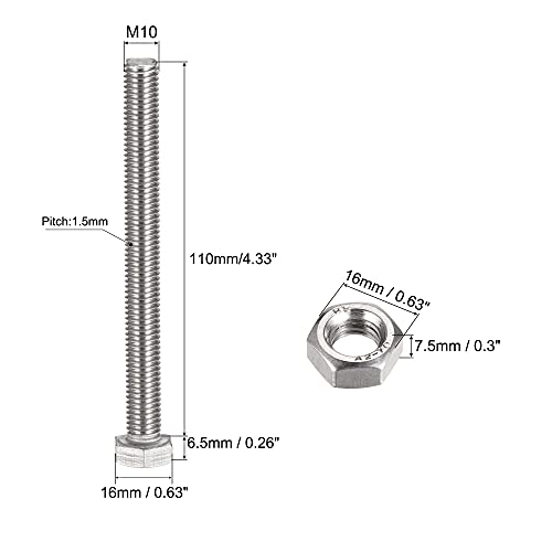 Image of uxcell M10 x 110mm Hex Head Screws Bolts, Nuts, Flat & Lock Washers Kits, 304 Stainless Steel Fully Thread Hexagon Bolts 6 Sets