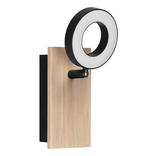 Eglo Rielves Lámpara de pared LED para interior, lámpara de pared con foco orientable, foco de pared de madera en color marrón y metal en negro, con certificado FSC, blanco cálido