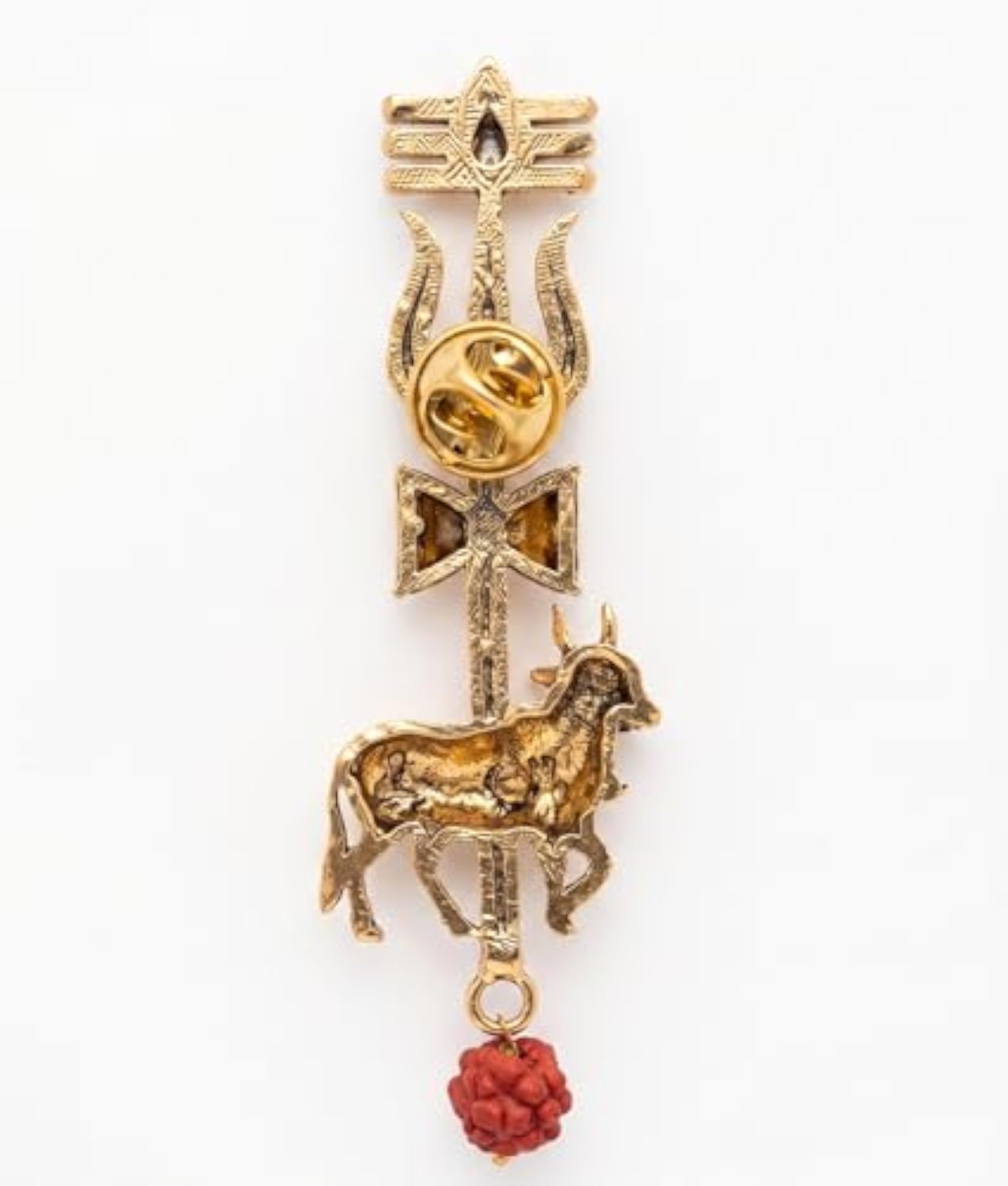 Royal Nandi Tilak Brooch - Antique Gold Sacred Bull & Tripundra Shield