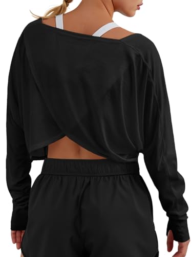 Fisoew Womens Long Sleeve Workout Tops Athletic Shirts Cropped Crossover