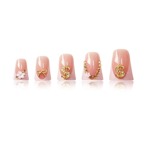 Image of White French Tip Press on Nails Duck Fake Nails Bow Nail Press ons with Rhinestone Design Dollar Glue on Nails Reusable Artificial Glossy Full Cover Acrylic Stick on Nail for Women Manicure 24Pcs