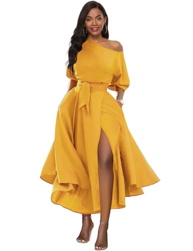 Image of Women's Off Shoulder Short Sleeve Cocktail Swing Dress | Elegant Wedding Guest, Midi Length, Asymmetrical Neck, Belted, Front Side Slit, Side Pockets, Formal Occasions, Day to Night