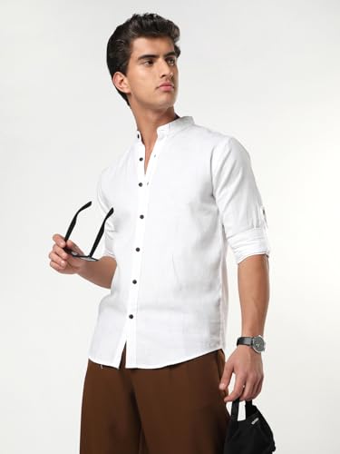 Image of Urbano Fashion Men's Linen Blend Full Sleeve Relaxed Fit Mandarin Collar Casual Solid Shirt