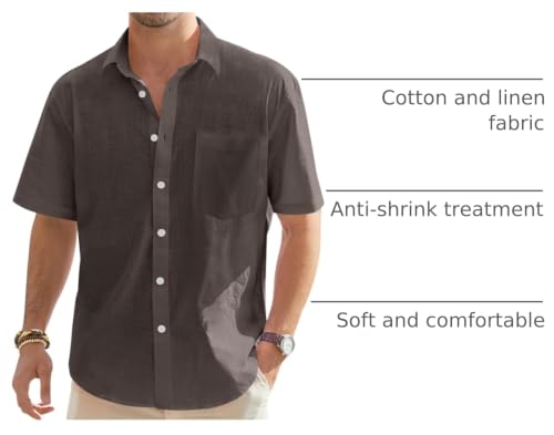 Image of J.VER Mens Linen Shirt Short Sleeve Button Down Casual Summer Shirts | Cotton Linen, Untucked, Big Tall, from Beach Camp Vacation, Cruise Fishing, Work Office, to Wedding Party Family, with Pocket