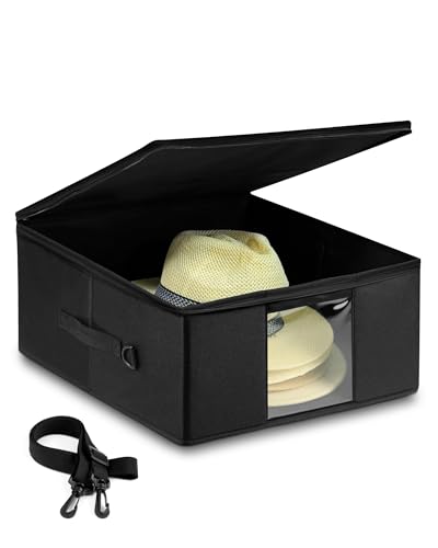 Teraves Large Cowboy Hat Storage Box, All Around Hardboard Support, Crush-Proof, Dust-Proof, Wide Brims Hat Travel Case with Shoulder Strap Carrying Handle and Trolley Sleeve, Black