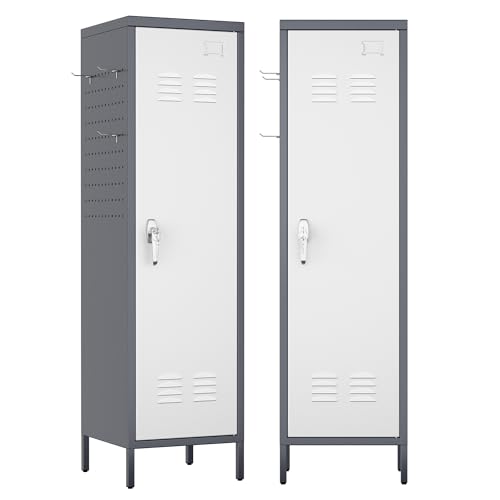 Image of Aobabo Metal Locker, 54 inch H Metal Storage Locker for Employees, Lockable 1 Door with Towel Rack and 2 Side Pegboards with Hooks for Home School Office Gym, Assembly Required (Gray White)