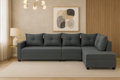 Image of SOCOZI Oriana 6 Seater RHS L Shape Sofa Set | Soft Velvet Suede Fabric | Modern Design | Plush Comfort Cushions for Living Room (Dark Grey)