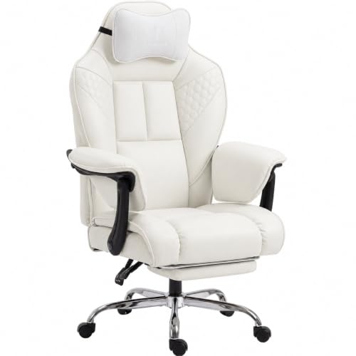 Dowinx Big and Tall Gaming Chair with Footrest for Home Office 500LBS White | High Back Leather Office Chair, Extra-Wide & Thick-Padded Seat Cushion with Ergonomic Lumbar Support and Soft Li