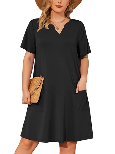 Image of AusLook Plus Size Midi Dress for Women V Neck Short Sleeve Summer Casual Loose Fit Vacation Sundress with Pockets 1X-5X