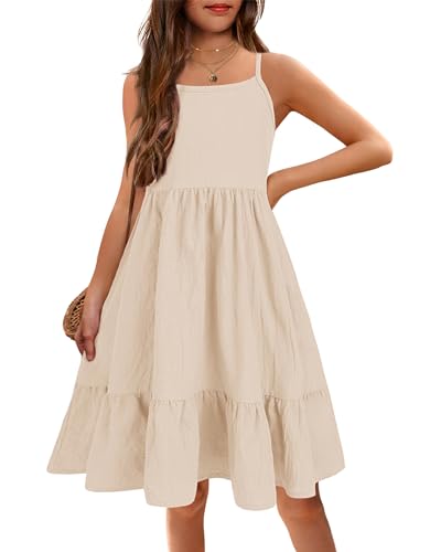 Arshiner Girl's Summer Sundress Spaghetti Strap Solid Linen Midi Dress Casual Cami Dresses